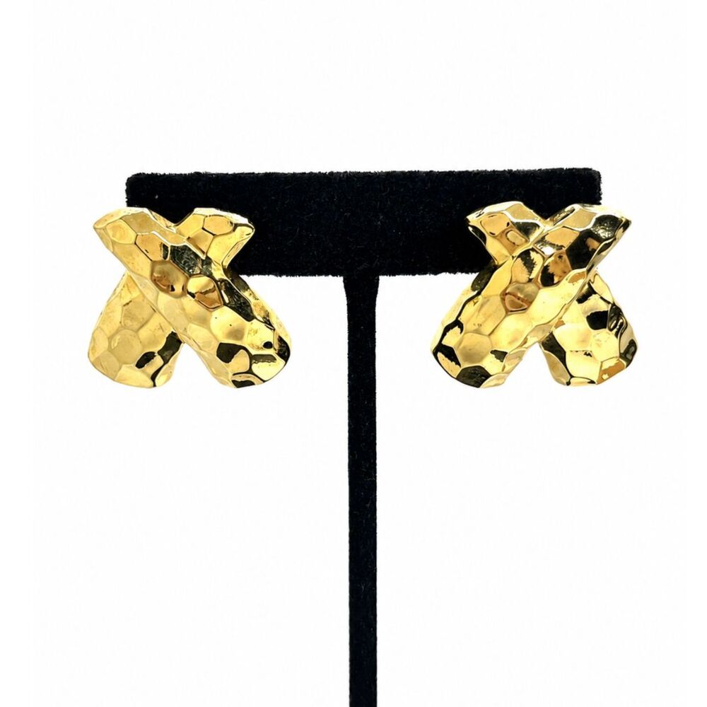 VINTAGE GOLD TONE Earrings Hammered Criss Cross X Geometric Statement